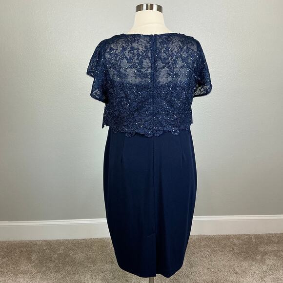 Adrianna Papell Sequined Lace Sheath Boat Neck Cocktail Dress Navy Blue Size 14W - Picture 7 of 13